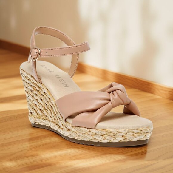 Anne Klein Womens Wheatley Ankle Strap Espadrille Wedge Sandals Nude Smooth NIB - Picture 1 of 3
